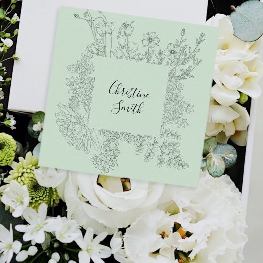 シンプル光エレガントティール（緑がかった色）ミニマルフローラ スクエア名刺