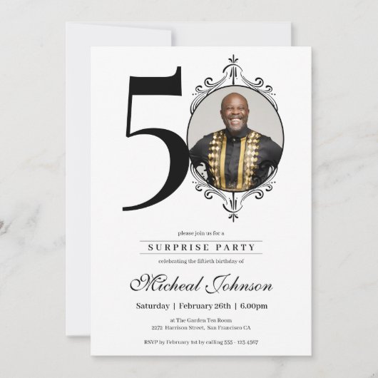 シンプル写エレガント真50th誕生日驚きパーティー 招待状 (正面)