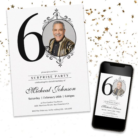 シンプル写エレガント真60th誕生日驚きパーティー 招待状