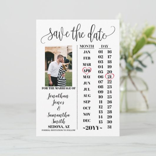 シンプル写真のカレンダーの日付モダンを保結婚存する 招待状 (スタンド正面)
