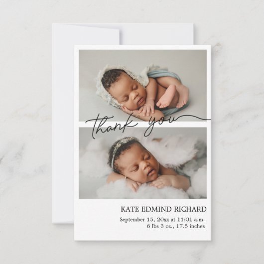 シンプル写真のコラージュ生まれたばかりの誕生のお知らせ サンキューカード (正面)