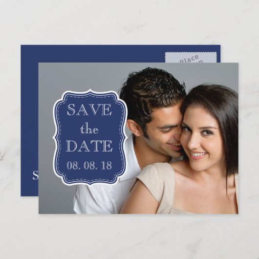 シンプル写真の保存日付 | ネイビーブルー 案内ポストカード (正面/裏面)