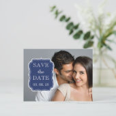 シンプル写真の保存日付 | ネイビーブルー 案内ポストカード (スタンド正面)