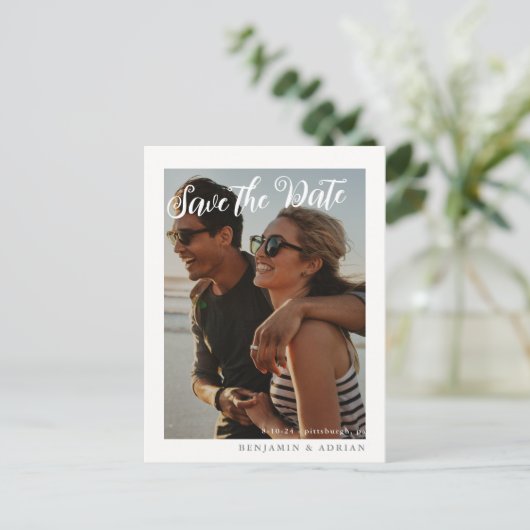 シンプル写真の日付を保存結婚する ポストカード (スタンド正面)