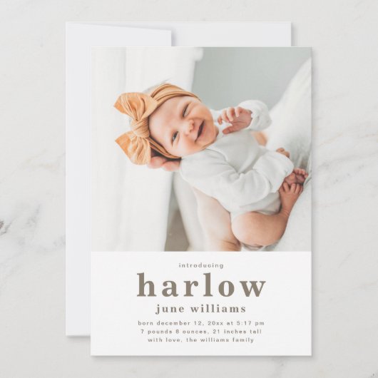 シンプル写真の誕生発表 |女の子誕生 招待状 (正面)