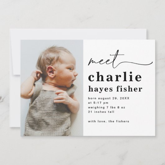 シンプル写真の誕生発表 |少年の誕生 招待状 (正面)