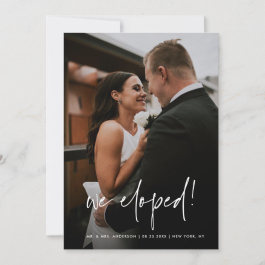 シンプル写真の駆け落ち時の手書きスクリプ結婚ト 案内状 (正面)