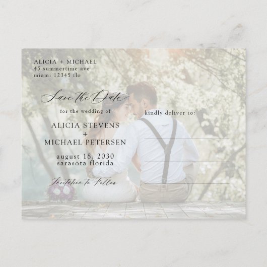 シンプル写真エレガントのスクリプト結婚式の日付を保存 案内ポストカード (裏面)