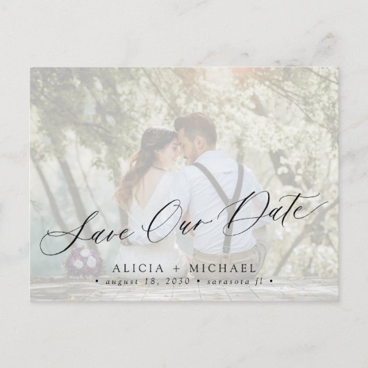 シンプル写真エレガントのスクリプト結婚式の日付を保存 案内ポストカード (正面)
