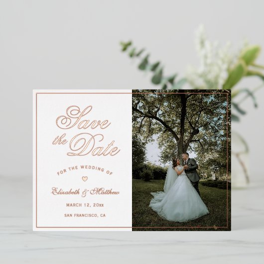 シンプル写真エレガントウェディング日付の保存 箔招待状 (立ち正面)