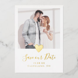 シンプル写真エレガントハート日付を保存実在金ゴールド 箔招待状