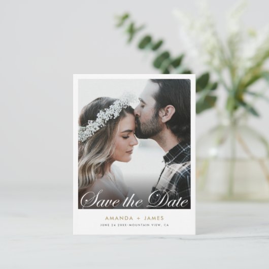 シンプル写真エレガント日付の保存 案内ポストカード (スタンド正面)