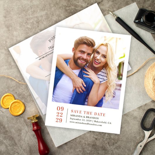 シンプル写真エレガント結婚式の日付カードを保存 案内ポストカード