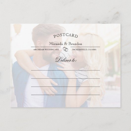 シンプル写真エレガント結婚式の日付カードを保存 案内ポストカード (裏面)