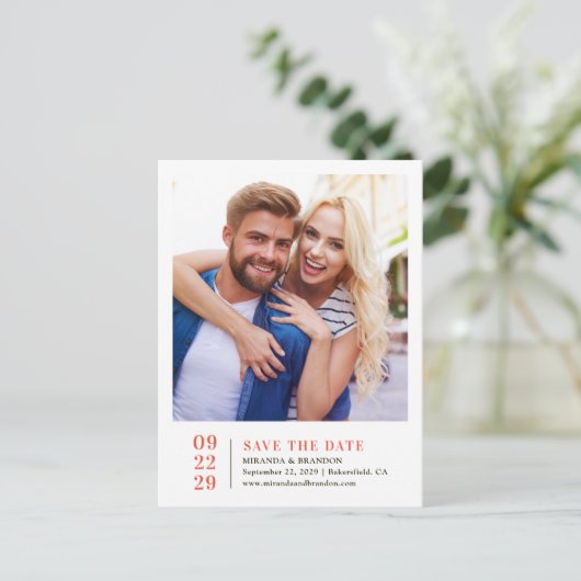 シンプル写真エレガント結婚式の日付カードを保存 案内ポストカード (スタンド正面)
