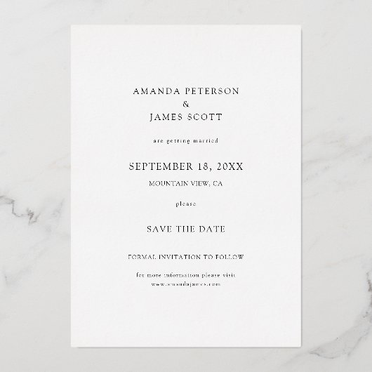 シンプル写真エレガント結婚式の日付金ゴールドの保存 箔招待状 (裏面)