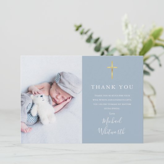シンプル写真エレガント署名台本バプテスマ サンキューカード (スタンド正面)