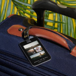 シンプル写真コラージュモダン ラゲッジタグ<br><div class="desc">黒い背景モダンの上にシンプルおミニマル客様の写真の4つの写真コラージュを持つ結婚デザインとを備えたラゲッジタグ。以下はスクリプト内エレガントの名前と日結婚付き。背中は縦型でフルサイズ。</div>