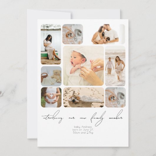 シンプル写真コラージュ導入生まれたばかりのベビー サンキューカード (正面)