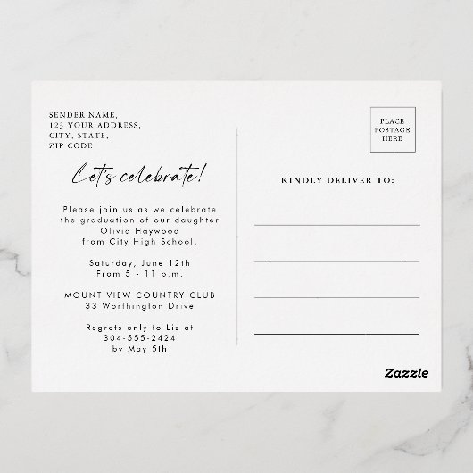 シンプル写真スタイリッシュ金ゴールド卒業会 箔招待状ポストカード (裏面)