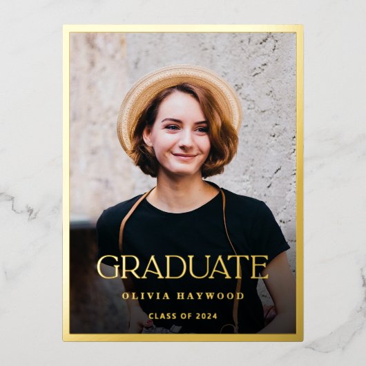 シンプル写真スタイリッシュ金ゴールド卒業会 箔招待状ポストカード (正面)