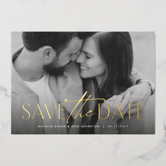 シンプル写真モダンの日付を保存 箔招待状 (正面)