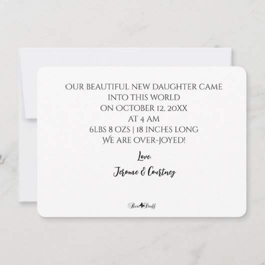 シンプル写真モダンの生誕の発表 招待状 (裏面)