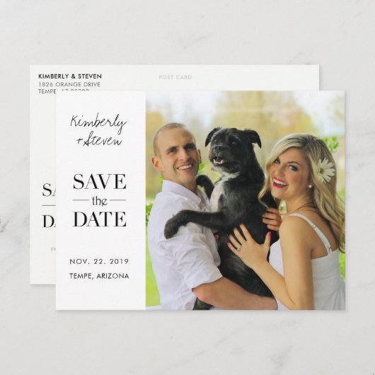シンプル写真モダンウェディング日付の保存招待状 案内ポストカード (正面/裏面)