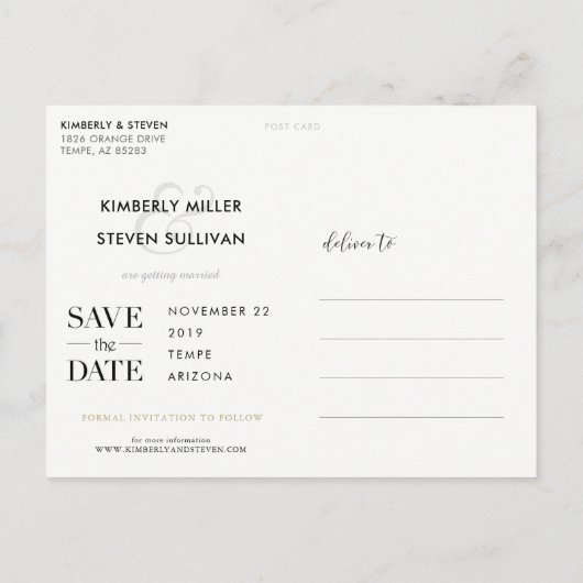 シンプル写真モダンウェディング日付の保存招待状 案内ポストカード (裏面)