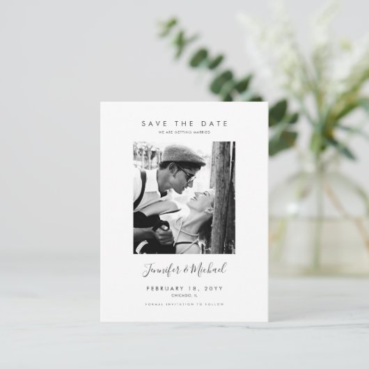 シンプル写真モダンデザイン日付はがきを保存 インビテーションポストカード (スタンド正面)