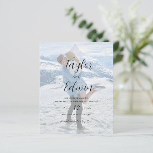 シンプル写真モダン予算の結婚式の日付の保存 (スタンド正面)