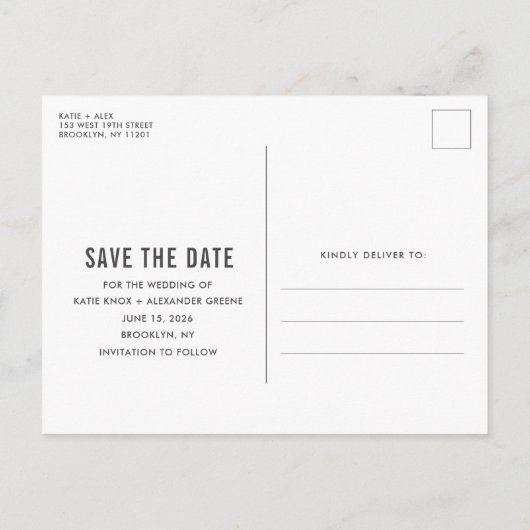 シンプル写真モダン予算の結婚式の日付の保存 案内ポストカード (裏面)