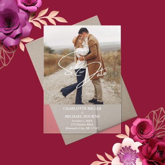 シンプル写真モダン結婚式の日付の保存 アクリル招待状