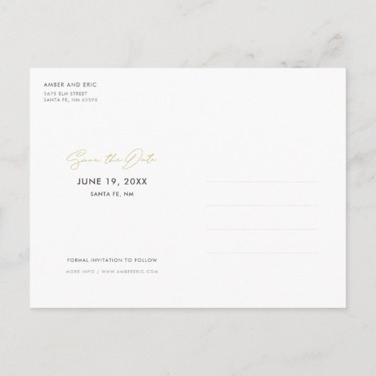シンプル写真モダン結婚式の日付の保存 案内ポストカード (裏面)
