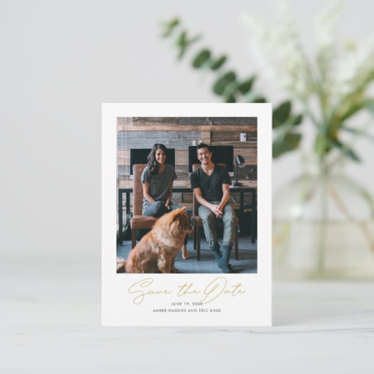 シンプル写真モダン結婚式の日付の保存 案内ポストカード (スタンド正面)