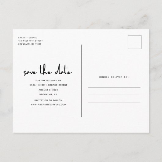 シンプル写真モダン結婚式の日付の保存 案内ポストカード (裏面)