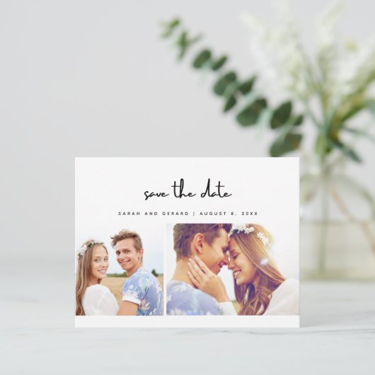 シンプル写真モダン結婚式の日付の保存 案内ポストカード (スタンド正面)