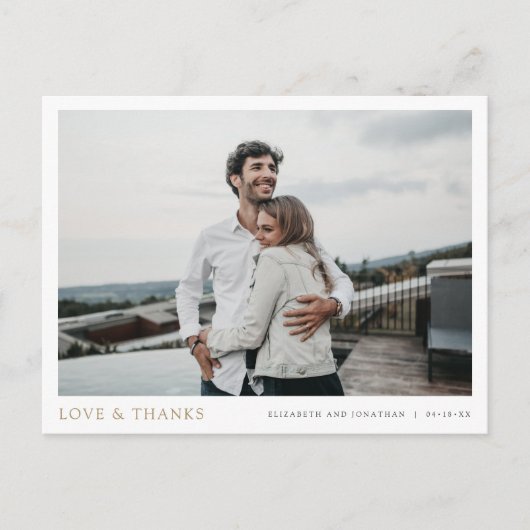 シンプル写真モダン金ゴールドありがとうござ結婚う ポストカード (正面)