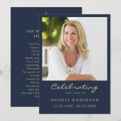 シンプル写真モダン金ゴールドスクリプト青いメモリアルカード 案内状 (正面/裏面)