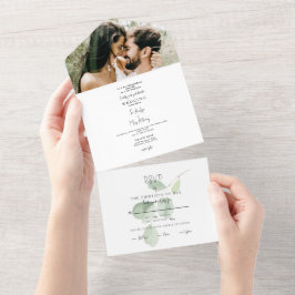 シンプル写真ユーカリ両結婚親 オールインワン招待状