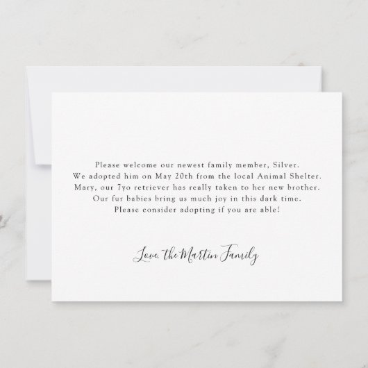 シンプル写真上級犬ペット養子縁組のお知らせ 案内状 (裏面)