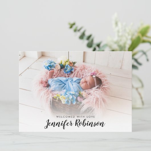 シンプル写真生まれたばかりのベビー誕生のお知らせ 案内状 (スタンド正面)