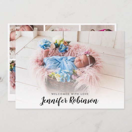 シンプル写真生まれたばかりのベビー誕生のお知らせ 案内状 (正面/裏面)