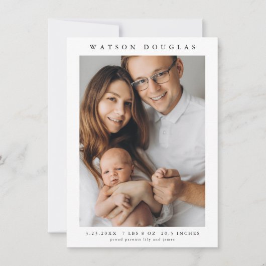 シンプル写真生まれたばかりのベビー誕生 サンキューカード (正面)