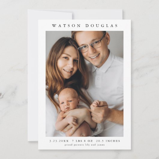 シンプル写真生まれたばかりのベビー誕生 案内状 (正面)