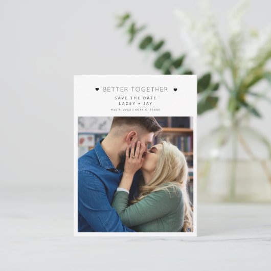 シンプル写真白黒結婚式の日付の保存 案内ポストカード (スタンド正面)