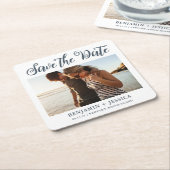 シンプル写真結婚の青と白の日付を保存 スクエアペーパーコースター (アングル)