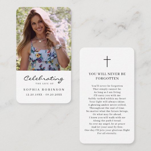 シンプル写真葬儀記念祈りの言葉カード 名刺 (正面/裏面)