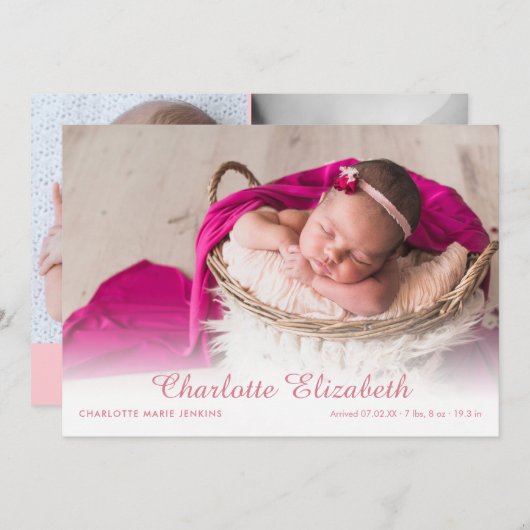 シンプル写真誕生発表ベビーガールスクリプト 案内状 (正面/裏面)