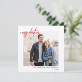 シンプル写真赤メリークリスマスホワイト シーズンカード (スタンド正面)